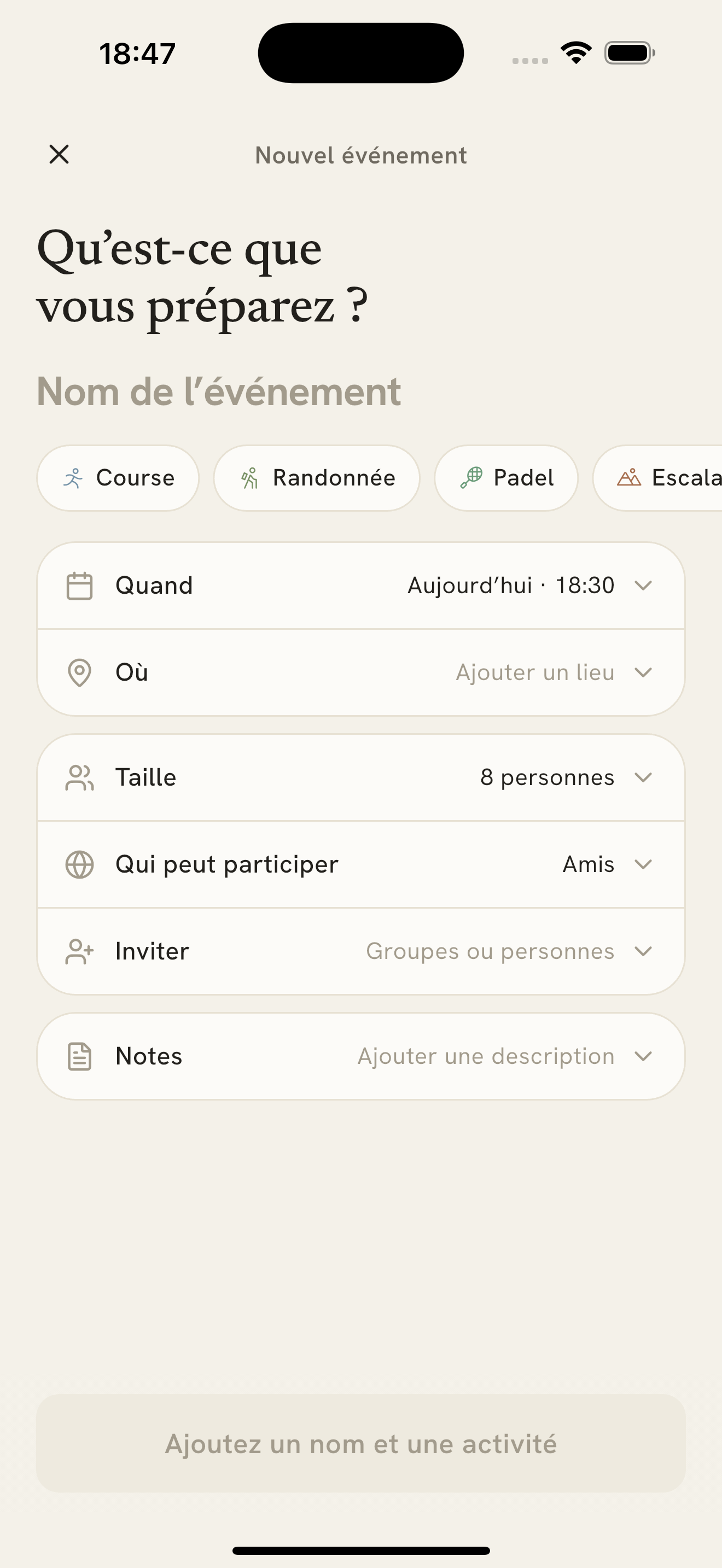 Écran de création d'événement Interval